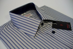 koszula granatowo- kremowo- biała prążki slim